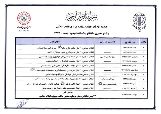 عناوین ایام‌ فجر چهلمین سالگرد پیروزی انقلاب اسلامی اعلام شد